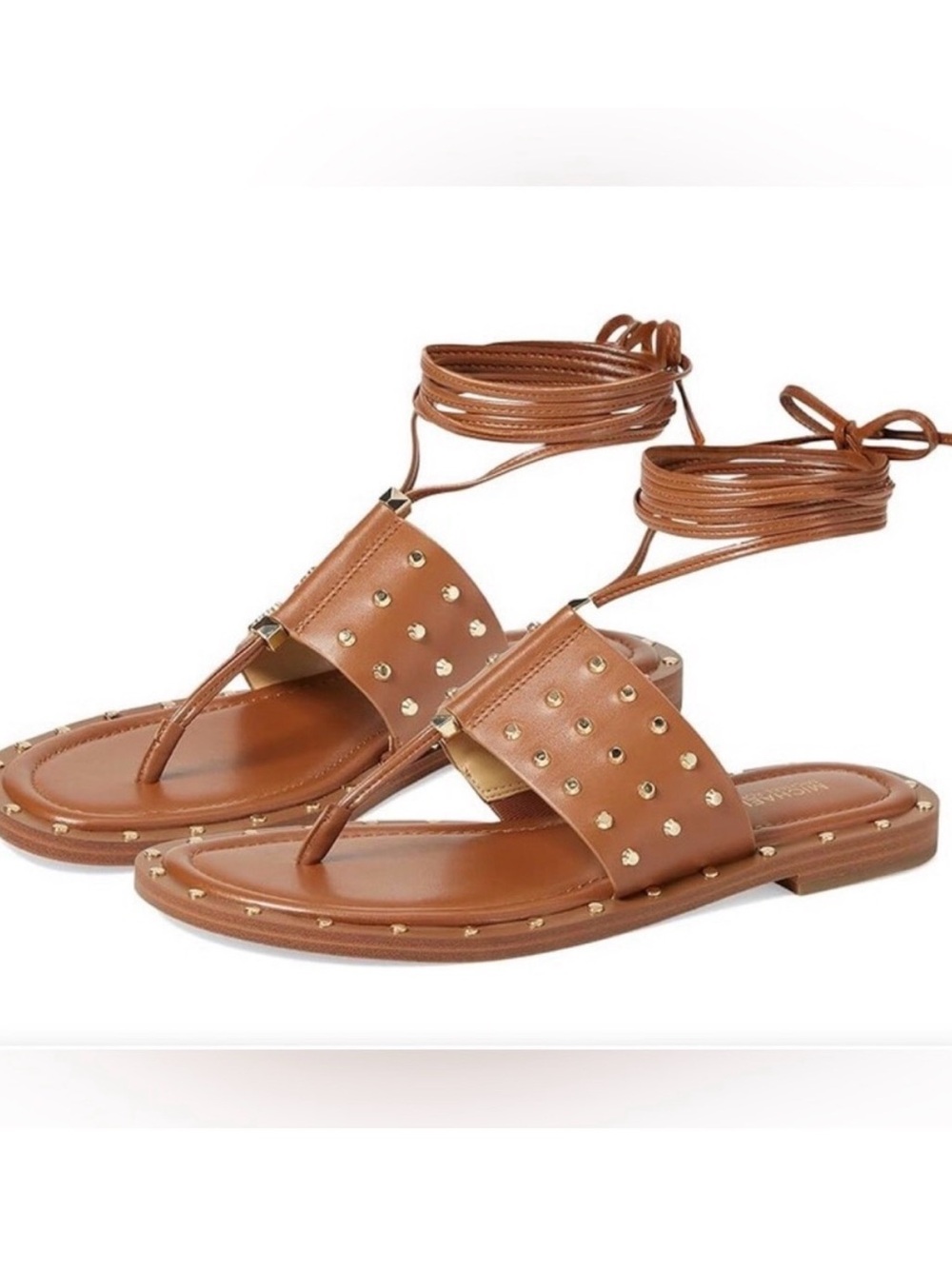 Michael Kors Tan Leather Studded Lace-Up Thong Sandals